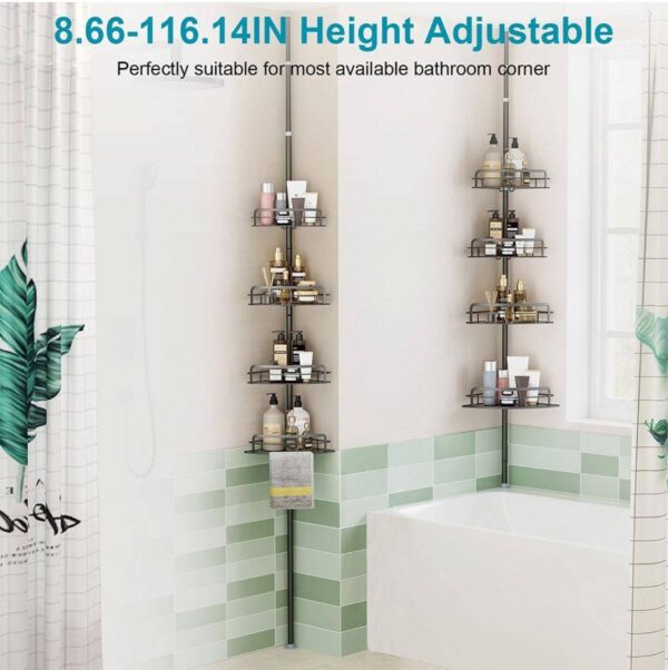 Freestanding Corner Shower Caddy in Black with 4-Adjustable Shelves, Tension Pole, Towel Bar and Hanging Hook